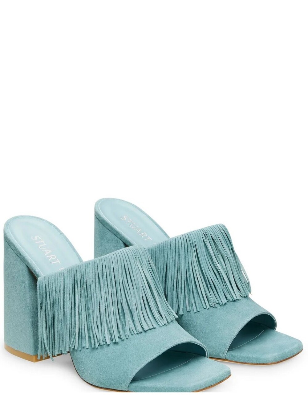 Stuart Weitzman Aqua Fringe Suede Block Heel Mules
